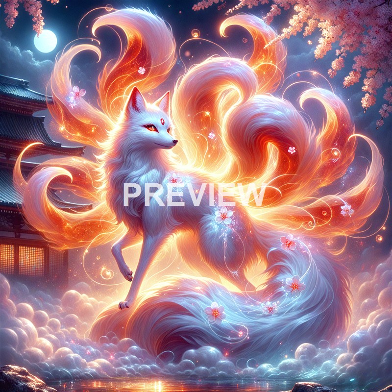 A mystical, glowing white fox with fiery, swirling tails and a red gem on its forehead stands amidst clouds under a moonlit sky, surrounded by cherry blossoms and a traditional Asian-style building.